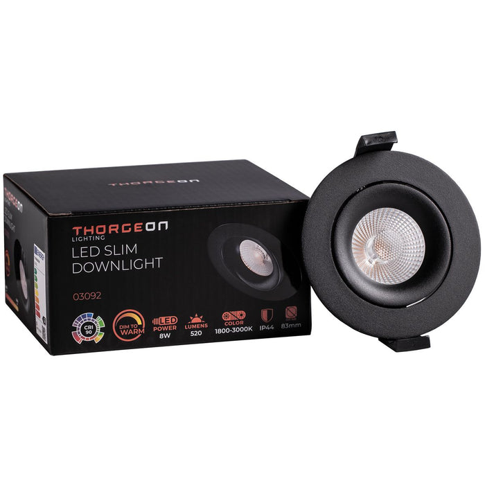 8W, 520lm, LED Downlight, Dim to Warm, IP44, 83mm, Black LED Downlight THORGEON