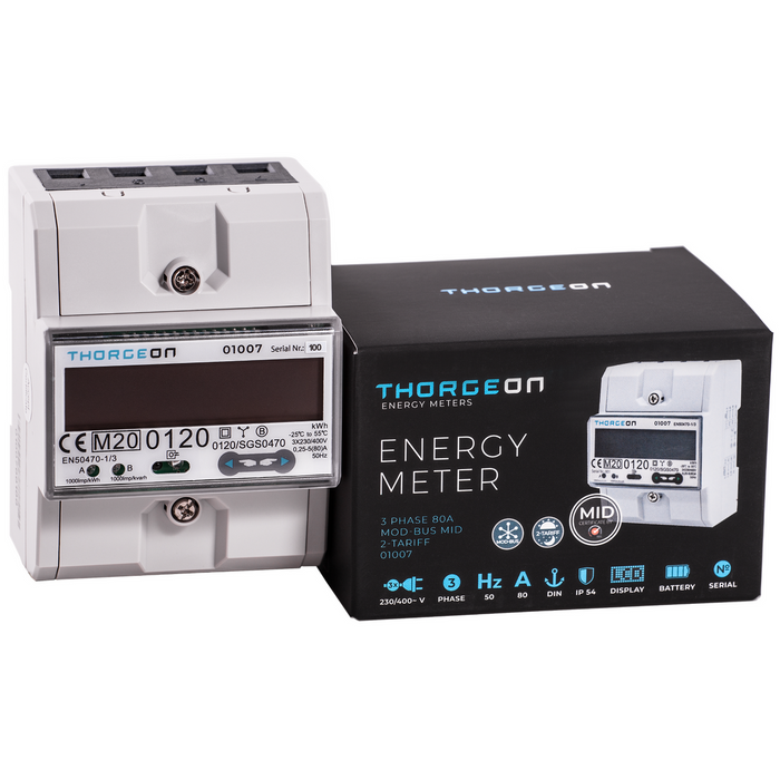 3-phase DIN rail-mounted MOD-BUS 2-tariff energy meter 80A MID certificate THORGEON