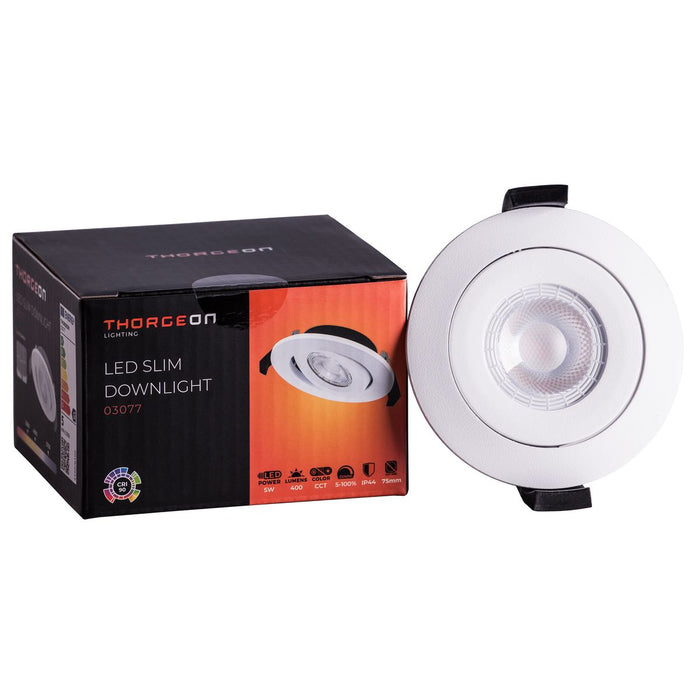 5W, 400lm, LED Slim Downlight, IP44, DIM, CCT, 70-75mm, White LED Downlight THORGEON