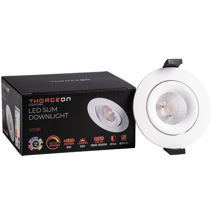 8W, 520lm, LED Downlight, Dim to Warm, IP44, 83mm, White LED Downlight THORGEON