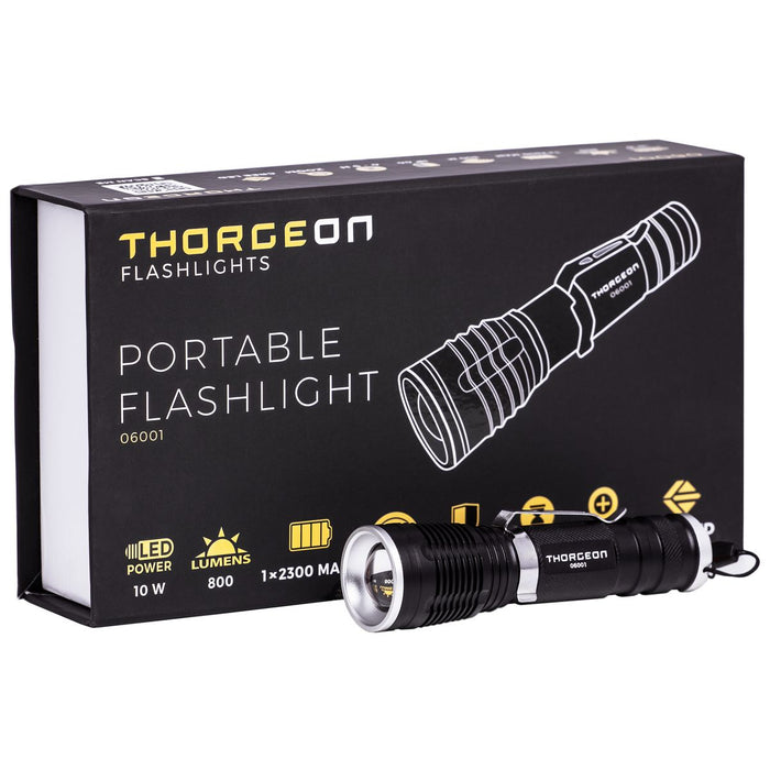 10W, 800lm, Portable Flashlight IPX5, 1x2300mAh + battery charger, LED Flashlight THORGEON