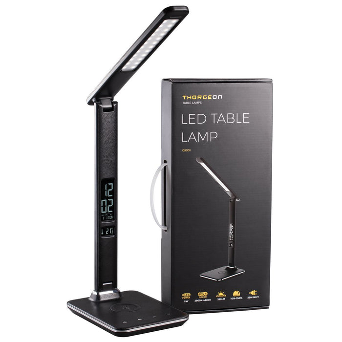 9W, 350lm, LED Table, 2800K-6000K, dimmable, wireless charging 5V 1A, LCD display, Leather black LED Table Lamp THORGEON