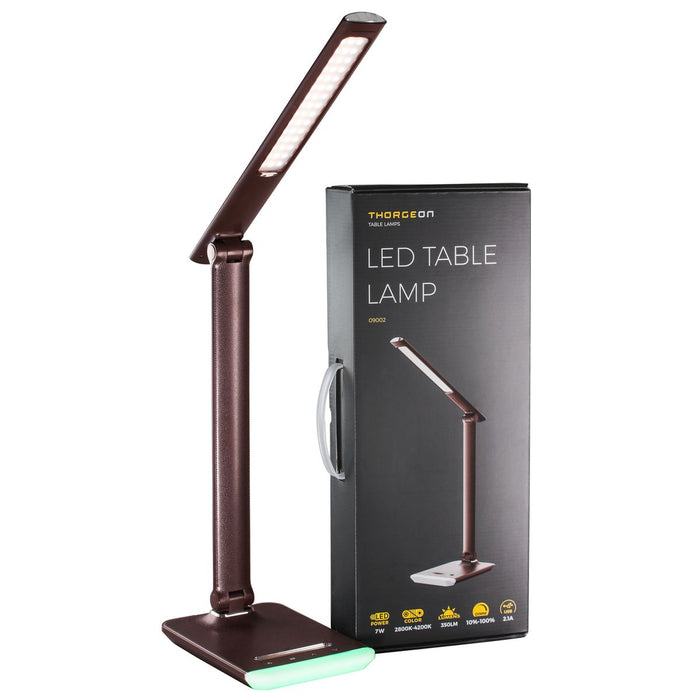 7W, 350lm, LED Table, 2800K-6000K, dimmable, charging USB 5V 2.1A, RGB Light, Leather brown LED Table Lamp THORGEON