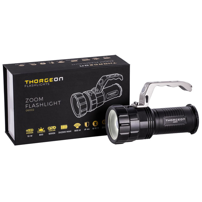 10W, 800lm, Zoom Flashlight, 3x2300mAh + akkulaturi, LED Taskulamppu THORGEON