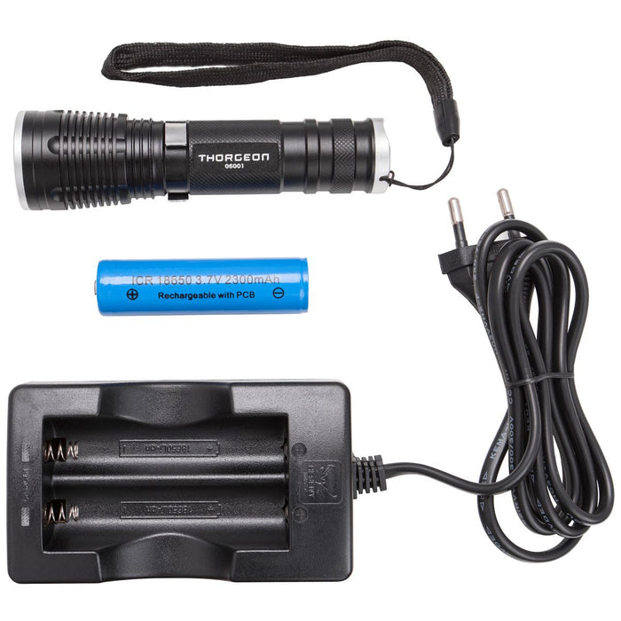 10W, 800lm, Portable Flashlight IPX5, 1x2300mAh + akkulaturi, LED Taskulamppu THORGEON