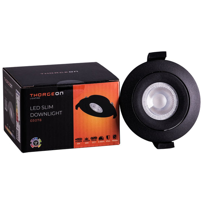 5W, 400lm, LED Slim Downlight, IP44, DIM, CCT, 70-75mm, Black LED Downlight THORGEON