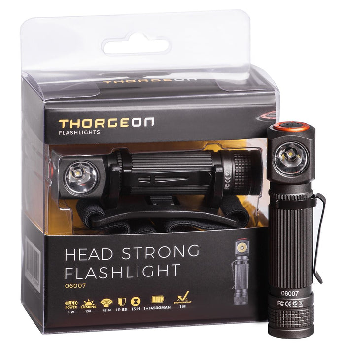 3W, 130lm, Head Strong Flashlight IPX5, USB rechargeable 750mAh battery, LED Flashlight THORGEON