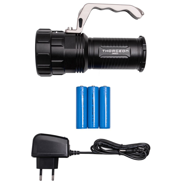 10W, 800lm, Zoom Flashlight, 3x2300mAh + akkulaturi, LED Taskulamppu THORGEON