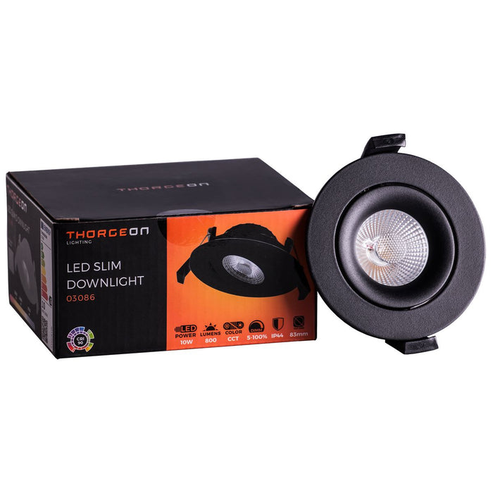 10W, 800lm, LED Downlight, DIM, CCT, IP44, 83-88mm, Black LED Downlight THORGEON