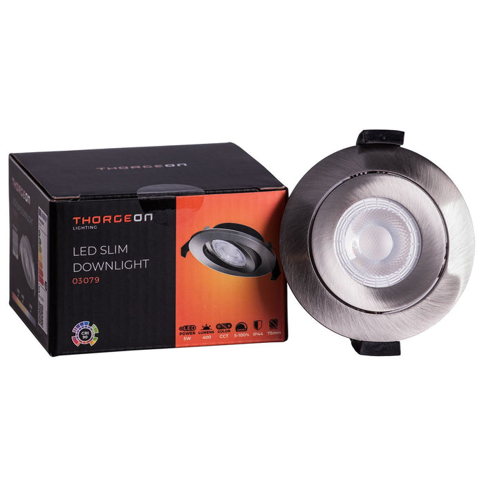 5W, 400lm, LED Slim Downlight, IP44, DIM, CCT, 70-75mm, Nickel LED Downlight THORGEON