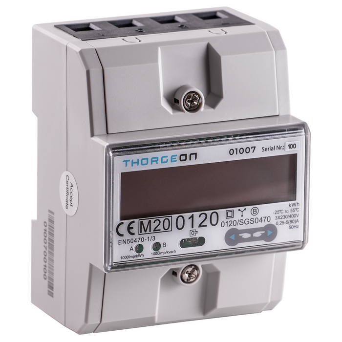 3-phase DIN rail-mounted MOD-BUS 2-tariff energy meter 80A MID certificate THORGEON