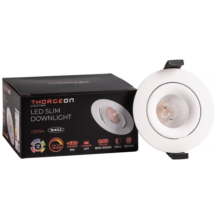 8W, 520lm, LED Downlight DALI, Dim to Warm, IP44, 83mm, White LED Downlight THORGEON