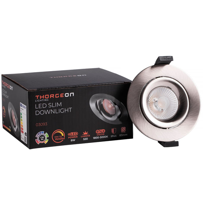 8W, 520lm, LED Downlight, Dim to Warm, IP44, 83mm, Nickel LED Downlight THORGEON