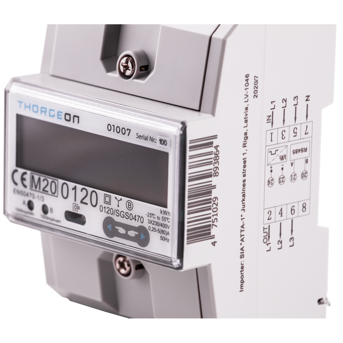 3-phase DIN rail-mounted MOD-BUS 2-tariff energy meter 80A MID certificate THORGEON