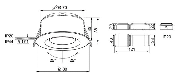 5W, 400lm, Compact Tilt, 36D, IP44, IK02, Ø80x39mm, LED Downlight Airam