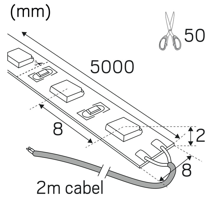 12W, 1050lm LED strip Midlum 5M 24V DC, IP20, 2700K Hidealite