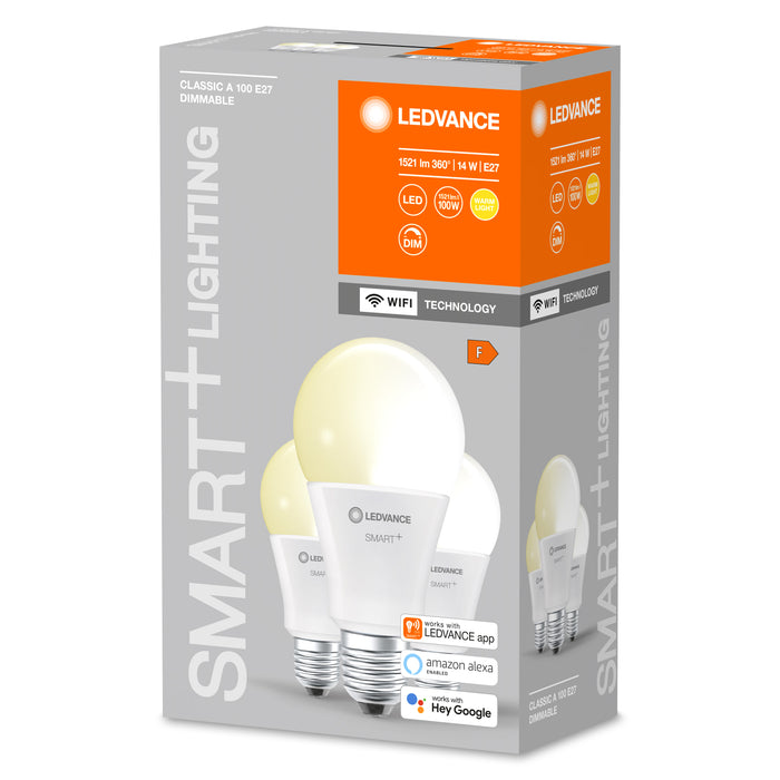 14W, 1521lm Smart+ WiFi DIM, A100, E27, 2700K smart standard lamp LEDVANCE