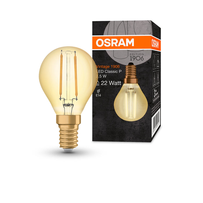 2,5W, 220lm, Vintage 1906 CLAS P, E14, 2400K, 45x77mm, Kulta, LED lamppu Osram