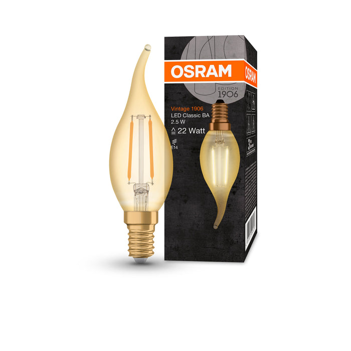 2,5W, 220lm, Vintage 1906 CLAS BA, E14, 2400K, 35x121mm, Kulta, LED lamppu Osram